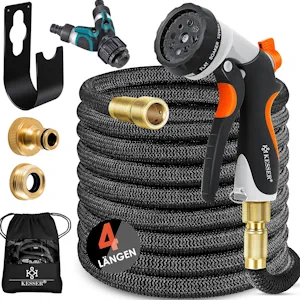 KESSER® flexibler Gartenschlauch 15 m, dehnbarer Flexischlauch, Wasserschlauch mit 3-fach Latexkern, 8 Modi Sprühpistole, Messing Anschlüsse + Wandhalterung, 1/2" & 3/4" Adapter & Tasche, Schwarz