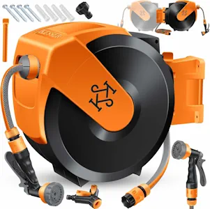 KESSER® Schlauchtrommel mit Gartenschlauch 15m | Wasserschlauchtrommel zur Wandmontage | Wandhalterung | 180° schwenkbar & automatische Aufrollung | Wand-Schlauchbox inkl. 7-Funktionen Handbrause